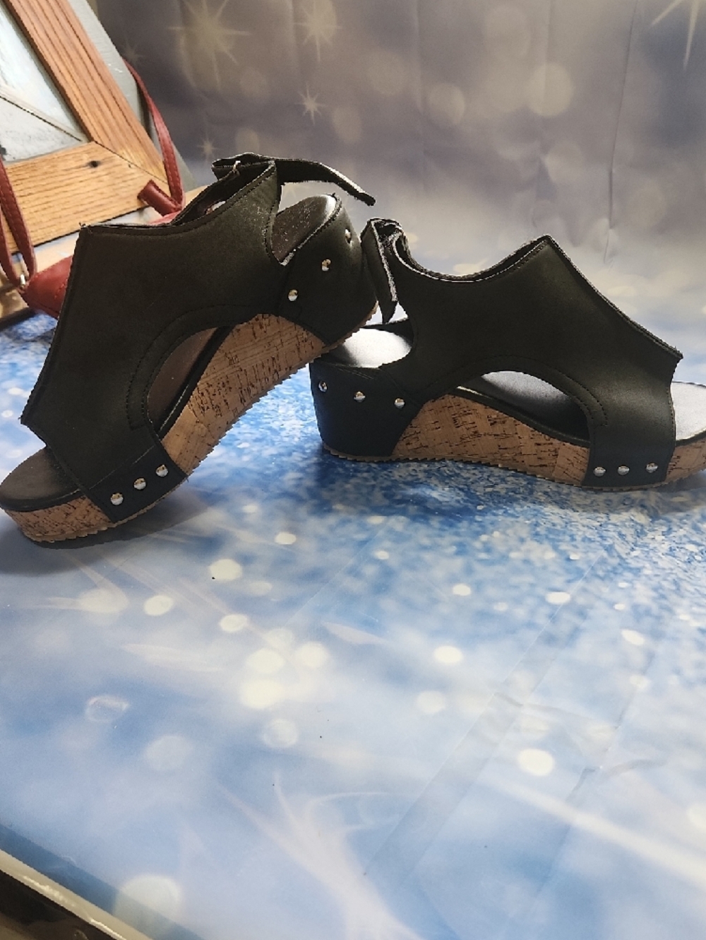 Black Open-Toe Wedge Sandals with Ankle Strap - Picture 9 of 10